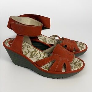 Fly London Women’s Cupido Wedge Sandals Poppy Orange Sz 6.5-7 Platform